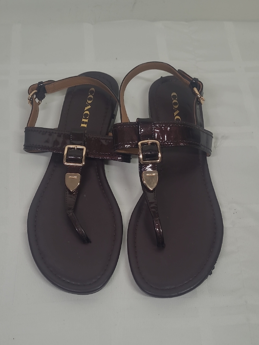 COACH Brown Patent Leather T-Strap Sandals with Gold Hardware